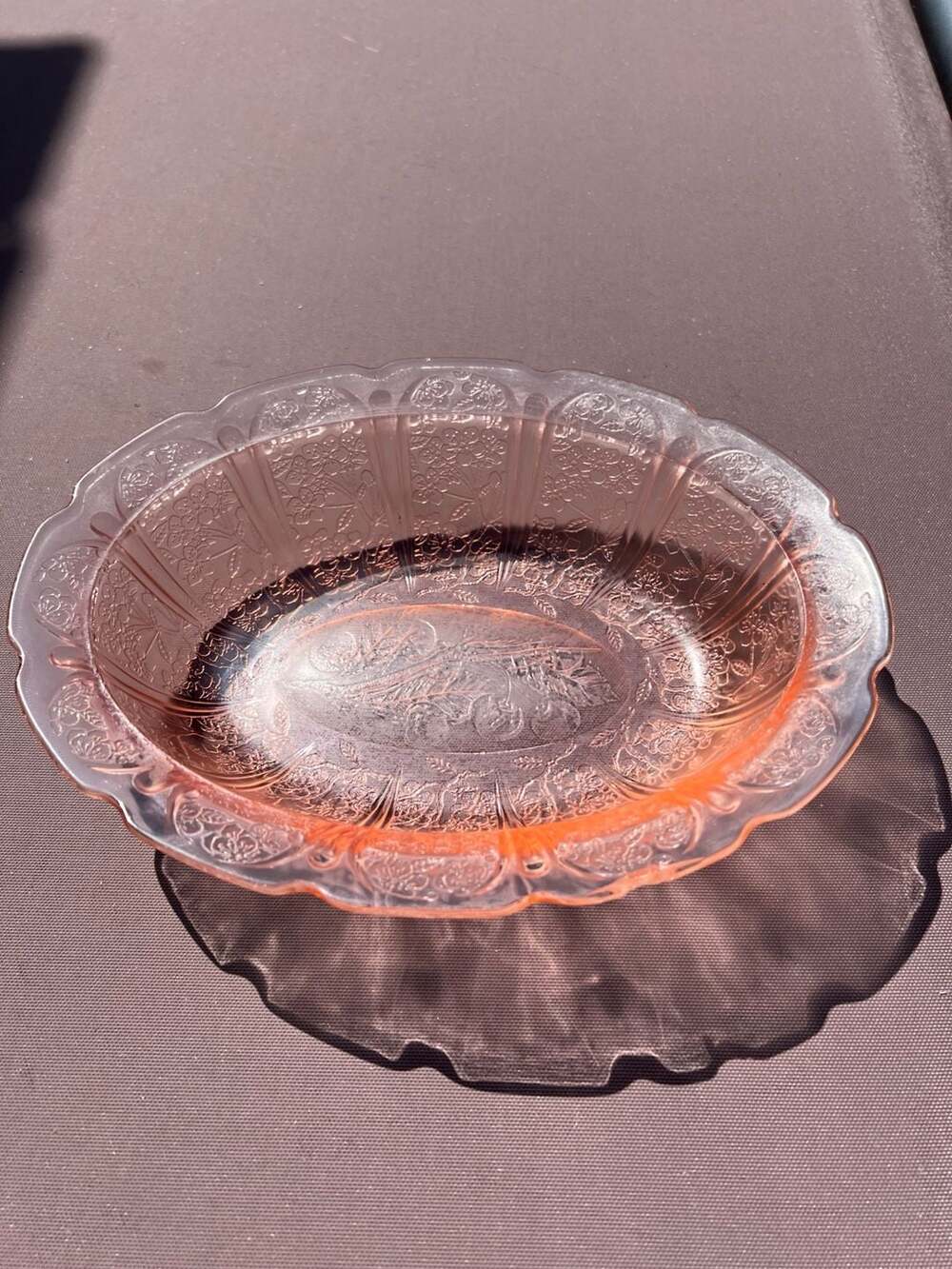 Jeannette Glass Pink Depression Glass Cherry Blossom Oval Vegetable Serving Bowl